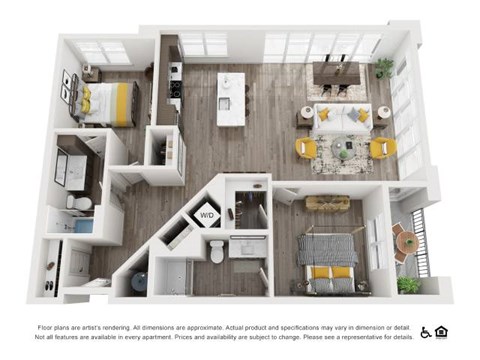 Floor plan for 2 beds, 2 baths, 1249 sqft